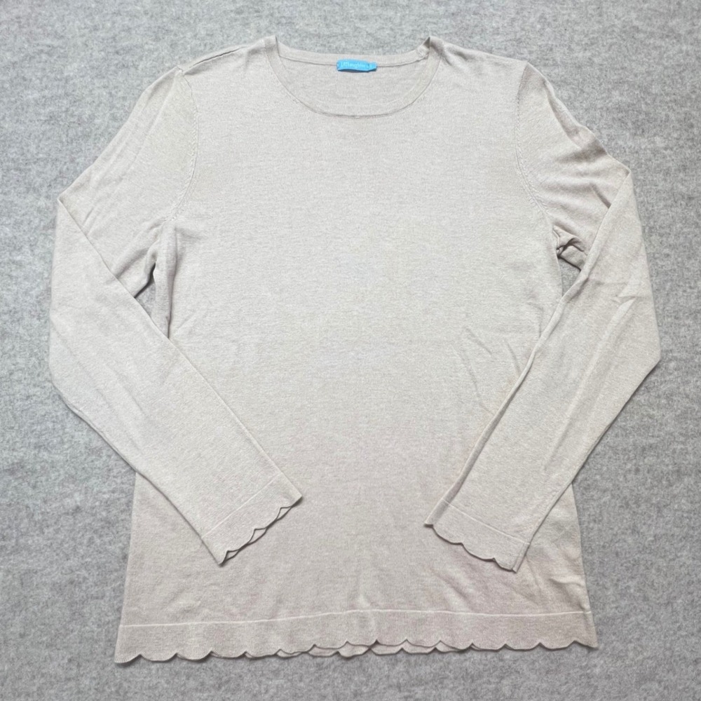 J.McLaughlin Beige Henri Crew‎ Neck Long Sleeve Scalloped Hem Sweater Size S